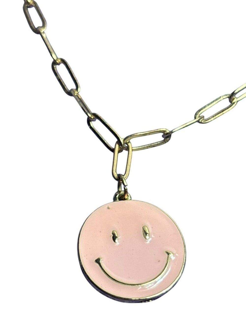 Pink Enamel Smiley Face Goldtone Paperclip Chain Necklace Lobster Clasp 18-20 in